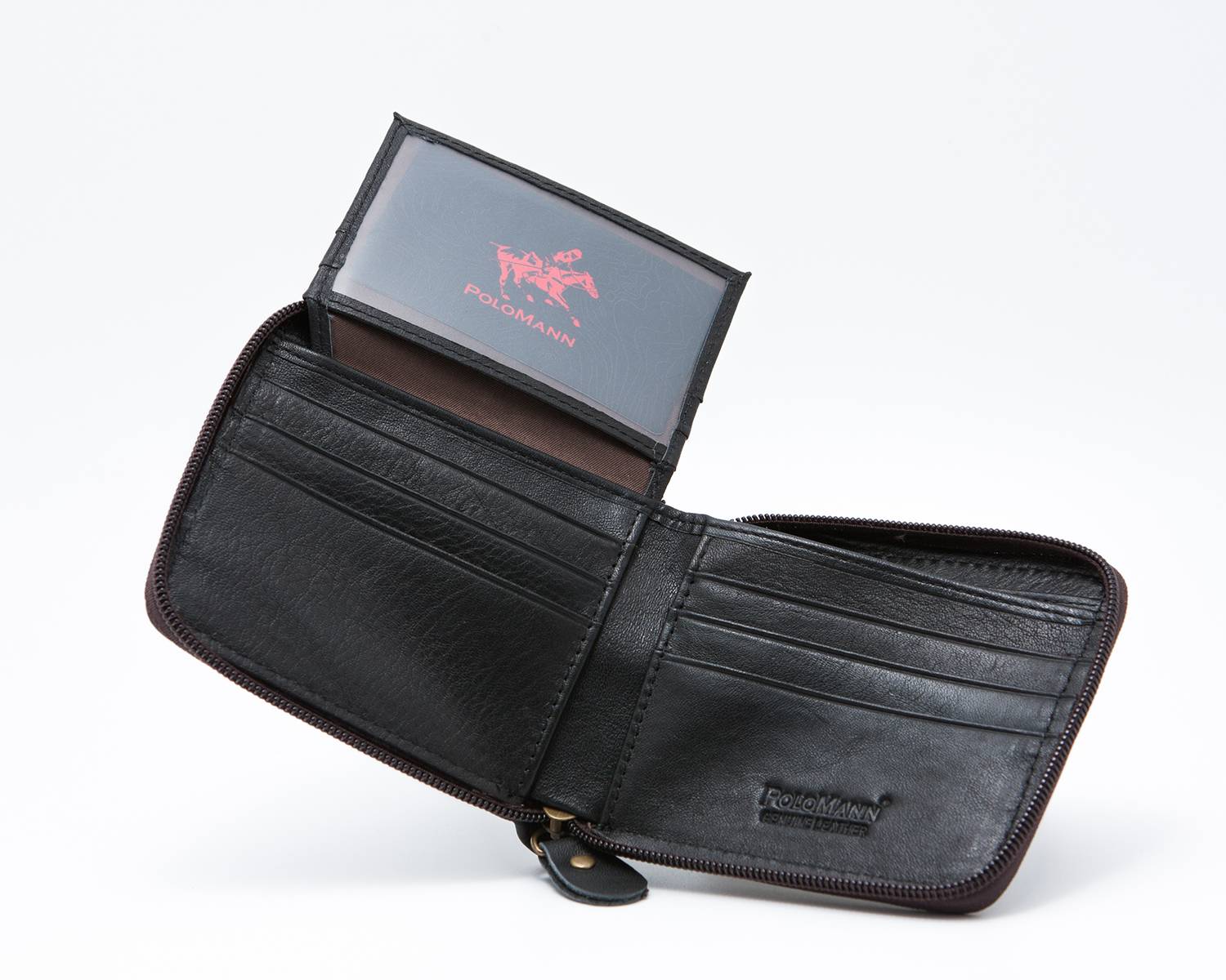 POLOMANN Genuine Cowhide Leather BiFold Zip Wallet 1003 Series Design C